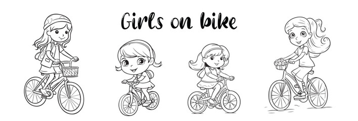 Happy little girls riding a bicycle. Vector black and white coloring page.