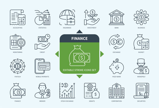 Editable line Finance outline icon set. Securities, Insurance, Stock Exchange, Business, Piggy Bank, Accounting, Investment. Editable stroke icons EPS