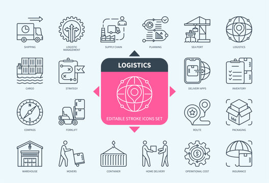 Editable Line Logistics Outline Icon Set. Delivery, Route, Warehouse, Forklift, Cargo, Planning, Supply Chain, Inventory. Editable Stroke Icons EPS