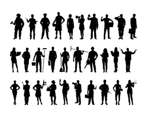 Group people different occupations or jobs standing in a row vector black silhouettes set collection.