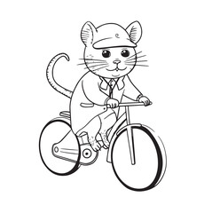 Cute vector cartoonish illustration of cat ridding bicycle. line art, coloring book, illustration