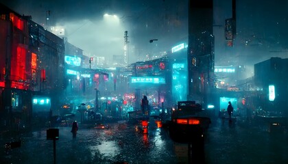Fototapeta na wymiar view of cyberpunk dystopian street Blade Runner style in a dark atmosphere under the rain neon lights night blue and red lights unreal engine photorealistic unreal engine VFX Octane render Cinematic 