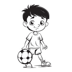 Outline Of boy with a soccer ball. Football. Line art, coloring book, illustration.