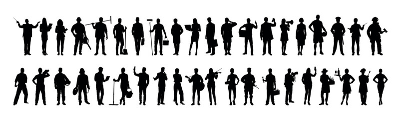 Collection of people different occupations or professions standing in a row vector silhouette set.