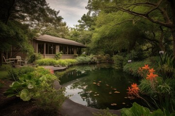 Fototapeta na wymiar wellness retreat with view of tranquil pond, surrounded by lush greenery, created with generative ai