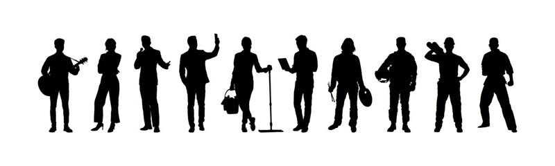 Group people different occupations or professions standing in a row vector silhouettes set.