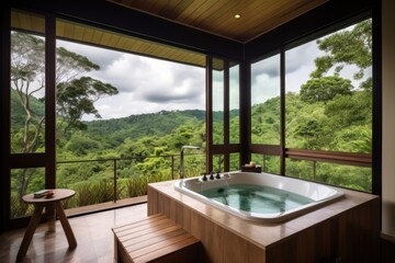 room with view of the outdoors and a hot bath in wellness retreat, created with generative ai