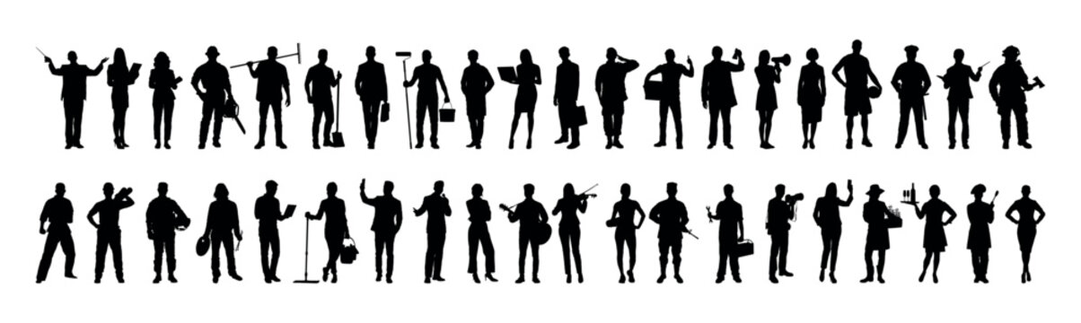 Collection of people different occupations or professions standing in a row vector silhouette set.