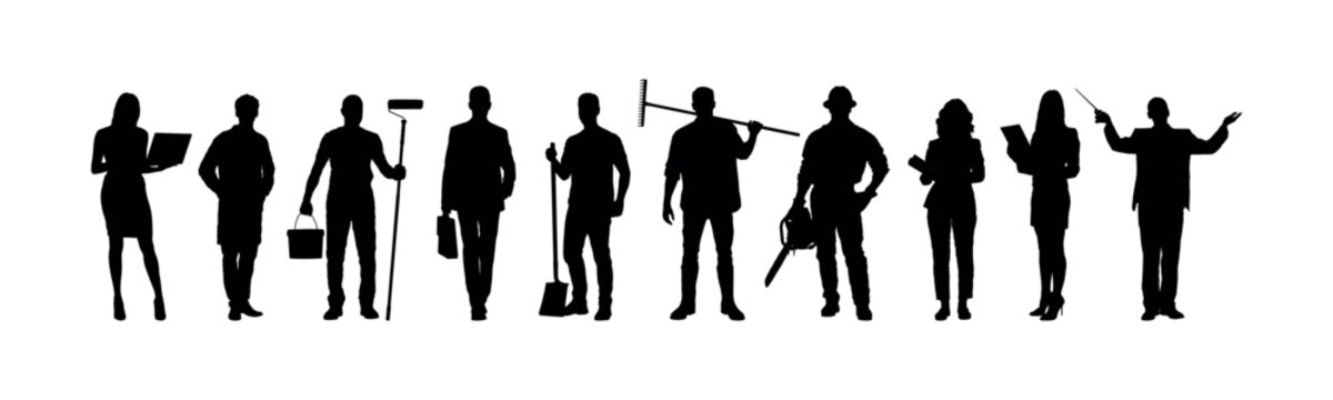Set of people silhouettes different professions standing in a row on white background. Collection of people different jobs standing together silhouettes.