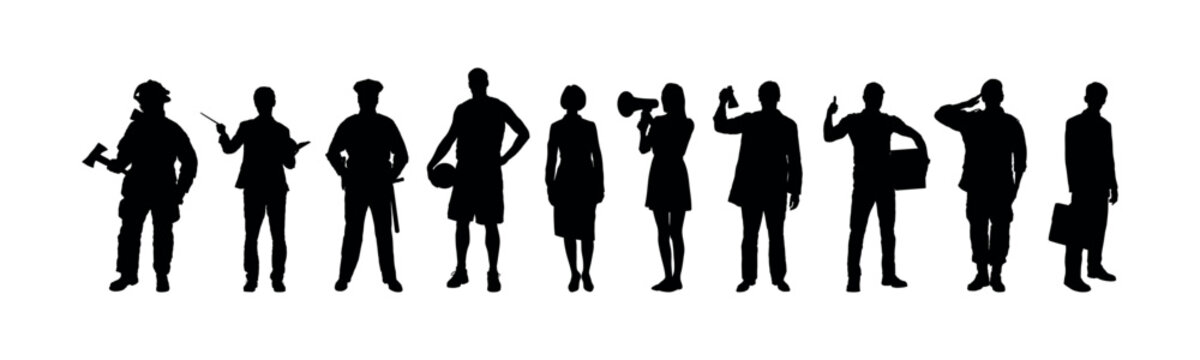 People with various occupations standing together in row vector flat black silhouettes set collection.