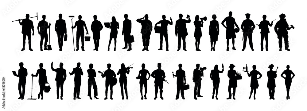 Wall mural group of people different occupations or jobs standing in a row vector black silhouettes set collect