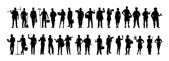 Group of people different occupations or jobs standing in a row vector black silhouettes set collection. People crowd standing various professions silhouettes.