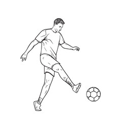 Outline Of boy with a soccer ball. Football. Line art, coloring book, illustration.