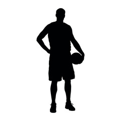 Male basketball player holding ball while standing pose black silhouette.
