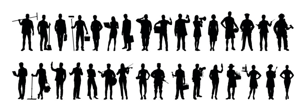 Group of people different occupations or jobs standing in a row vector black silhouettes set collection. People crowd standing various professions silhouettes.