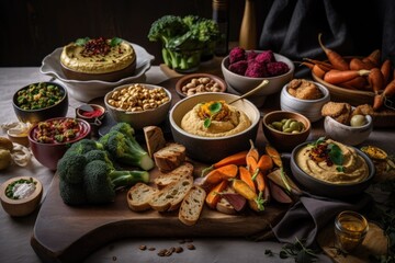 platter of plant-based and vegan tapas, including hummus, roasted vegetables, and almond cheese, created with generative ai