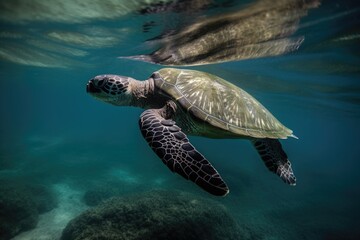 Obraz premium sea turtle swimming underwater, its flippers and shell glistening in the sunlight, created with generative ai