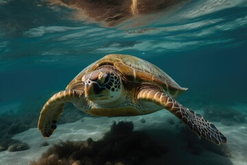sea turtle swimming underwater, its flippers and shell glistening in the water, created with generative ai