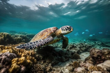 Obraz premium sea turtle swimming in calm and clear blue water, surrounded by coral reef, created with generative ai