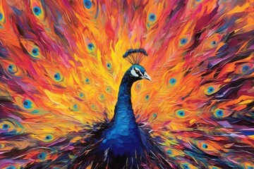 peacock  form and spirit through an abstract lens. dynamic and expressive peacock print by using bold brushstrokes, splatters, and drips of paint.  peacock raw power and untamed energy