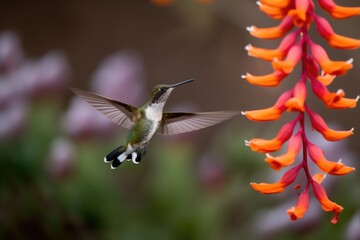 hummingbird in flight, hovering over flower, created with generative ai