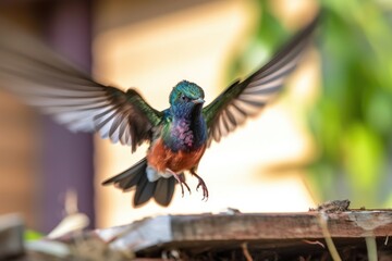 hummingbird flapping its wings, getting ready to take off from perch, created with generative ai