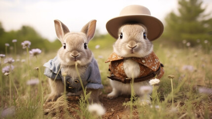Cute bunnies dressed as farmers