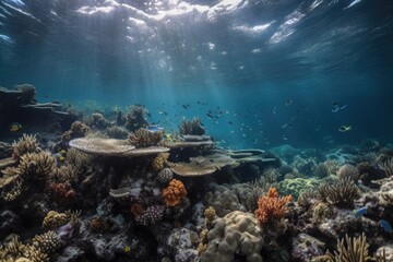 tropical reef, with schools of fish swimming and multicolored coral, created with generative ai
