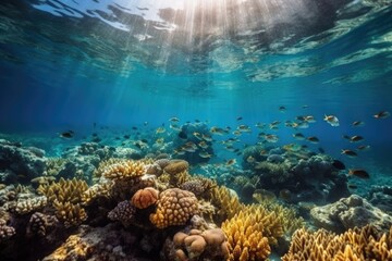 seascape with school of colorful tropical fish swimming around coral reef, created with generative ai