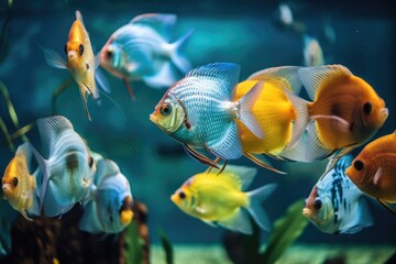 bunch of tropical fish swimming in school in aquarium tank, created with generative ai