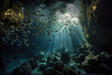 underwater cave with schools of fish swimming through the water, created with generative ai