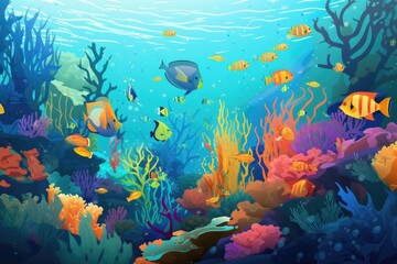 Naklejka na ściany i meble underwater scene with schools of colorful fish swimming past, created with generative ai