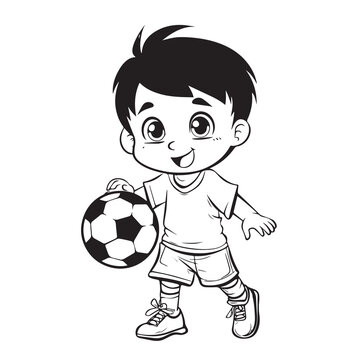 Outline Of boy with a soccer ball. Football. Line art, coloring book, illustration.