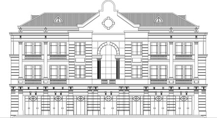 Naklejka premium Vector sketch illustration of classic vintage old colonial building architectural design for office administrative services