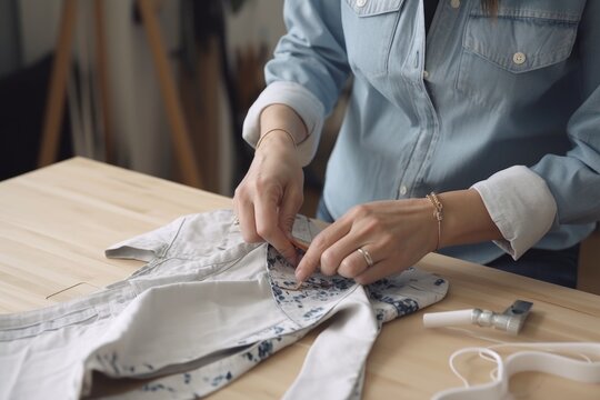 woman, sewing and upcycling old shirt into new one-of-a-kind item, created with generative ai
