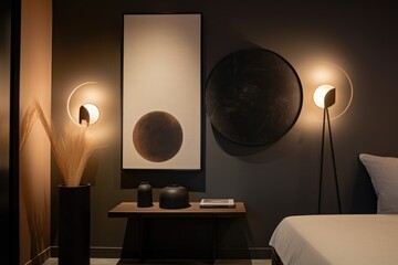 a minimalist wall with simple artwork and subtle lighting, created with generative ai