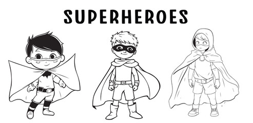 Cute Kid Super hero coloring page. cartoon vector art and illustration, line art, wall mural