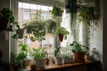 white window garden with plants spilling over the sill and into the room, created with generative ai