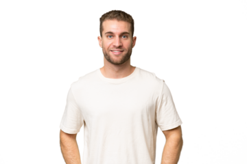 Young handsome caucasian man isolated on green chroma background laughing