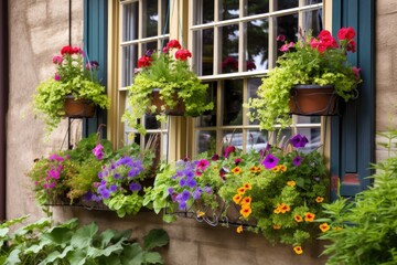 Fototapeta na wymiar window garden with hanging baskets and colorful flowers, created with generative ai