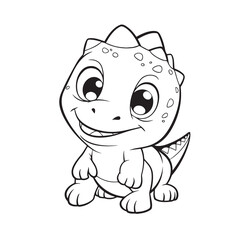 Cute Baby Dinosaur Character, line art. Coloring page for kids and adults, cartoonish, cute.