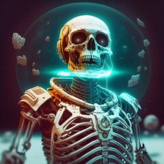 skeleton astronaut with light radiating from his eyes floating towards a singularity comic book style 4k high quality 
