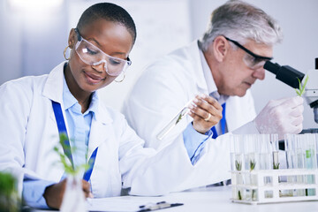 Science, agriculture and research with doctors in a laboratory together for sustainability or innovation. Healthcare, medical and pharmaceuticals with a scientist team in a lab to study plants