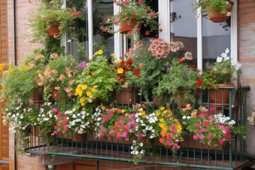 window garden overflowing with blooms, spilling over the balcony railing, created with generative ai
