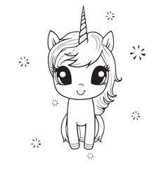 Cute unicorn cartoon vector coloring book illustration. Simple flat line art , design element isolated on white. Magical creatures, fantasy, dreams theme.