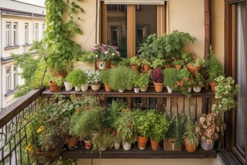 Fototapeta na wymiar balcony filled with various types of herbs, creating a bountiful and fragrant garden, created with generative ai