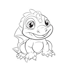 Cute Baby Dinosaur Character, line art. Coloring page for kids and adults, cartoonish, cute.