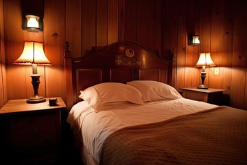 an room, with walls covered in wood paneling and candles flickering on the nightstand, created with generative ai