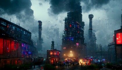 view of Steampunk dystopian street with vertical skyscrapers in a dark atmosphere under the rain neon lights night blue and red lights unreal engine photorealistic unreal engine VFX Octane render 