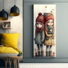 cute and cosy girls vertical long wall art wide angle shot 